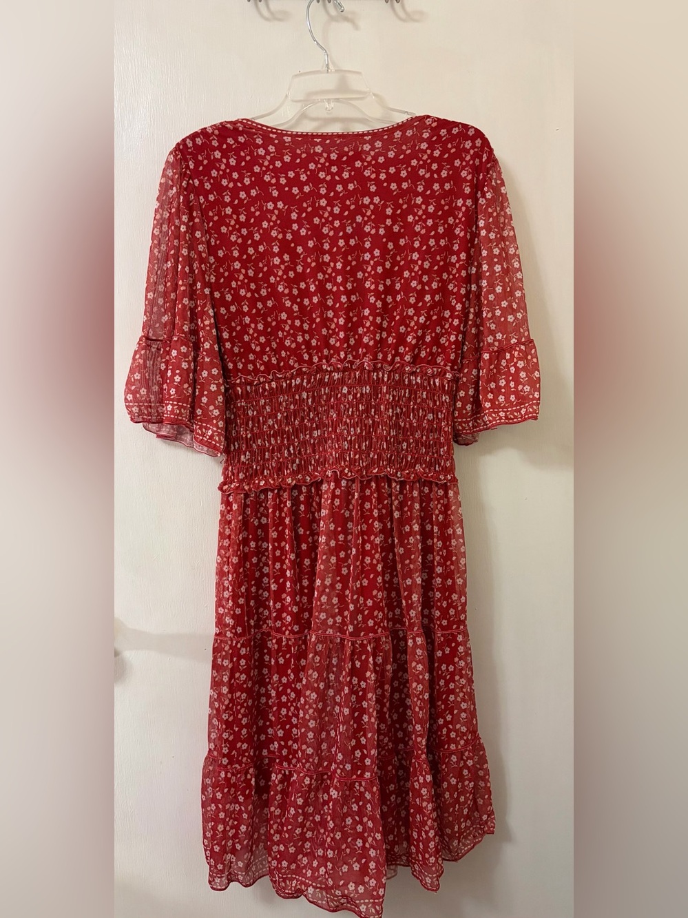 Max Studio Red Floral V-Neck Smocked Midi Dress by Unknown Brand - Picture 2 of 4